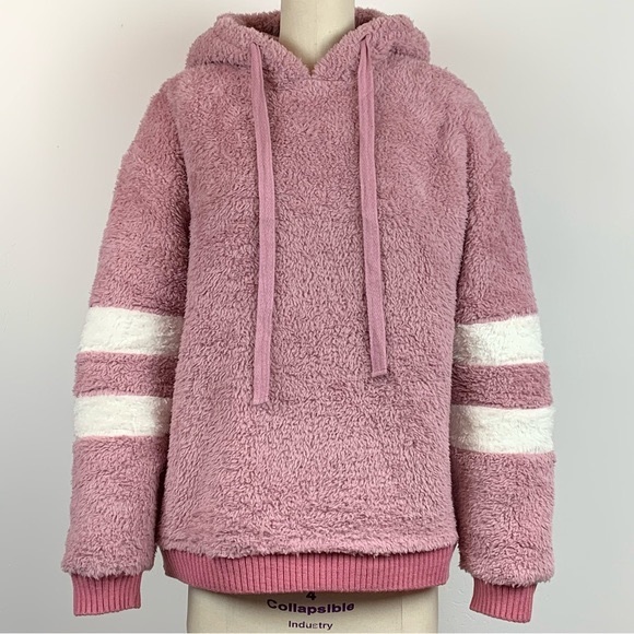 Sporty Varsity Stripe Pink Dusty Rose Fluffy Soft Teddy Hooded Sweatshirt Top - Picture 2 of 9